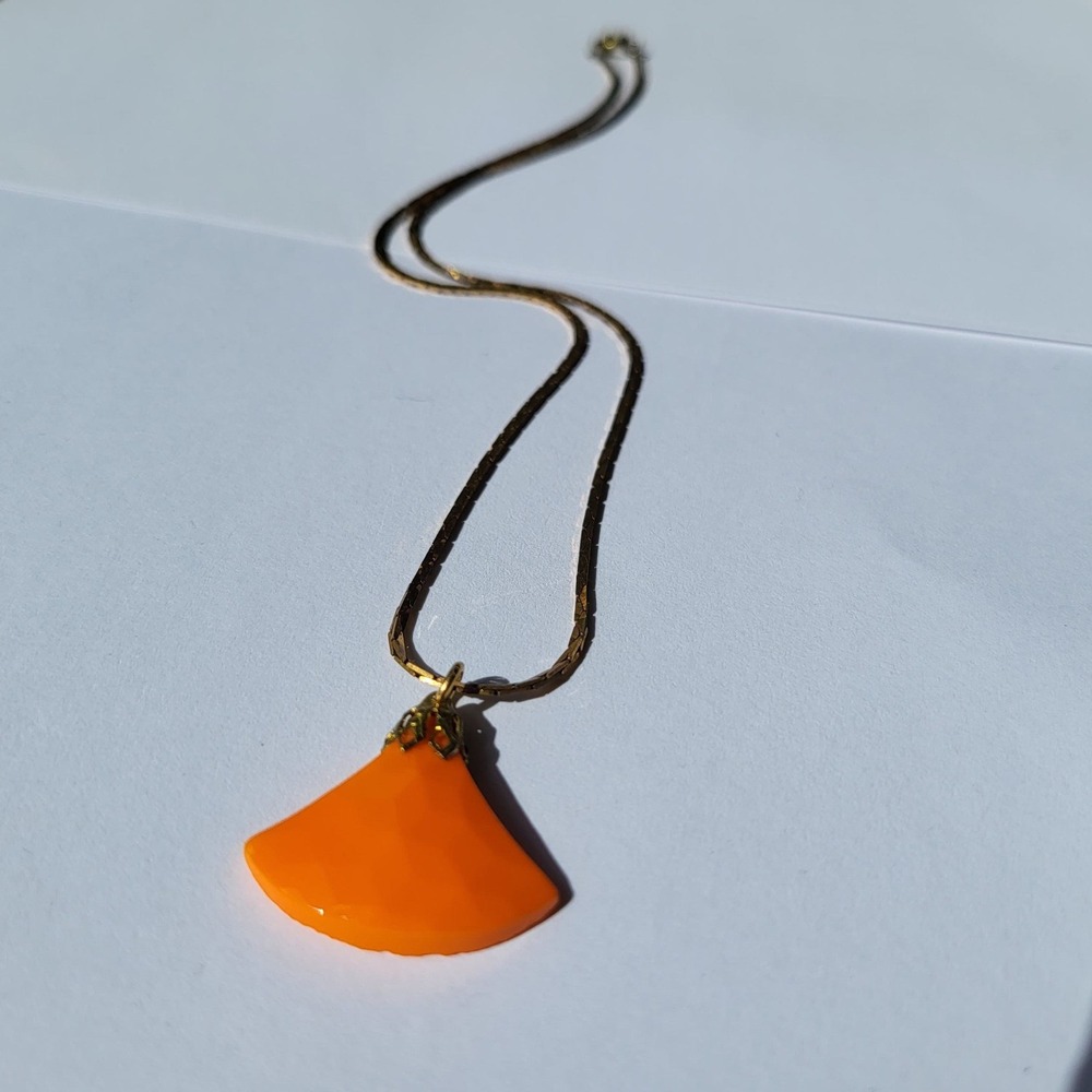 Vintage Rare Glass Orange Fan Pendant Necklace Gold Brass Tone Chain Glass Art
